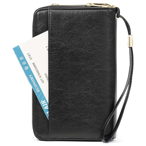 GOIACII Passport Wallet Travel Crossbody Bags for Women Wristlet Phone Purse Double Zip Vegan Leather Black - color: A02 Black