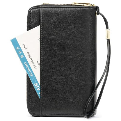 GOIACII Passport Wallet Travel Crossbody Bags for Women Wristlet Phone Purse Double Zip Vegan Leather Black - color: A02 Black