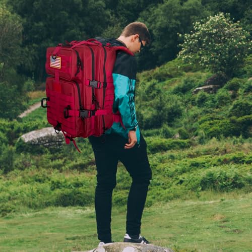 Hannibal Tactical MOLLE Assault Backpack, Tactical Backpack Military Army Camping Rucksack, 3-Day Pack Trip w/USA Flag Patch, D-Rings, Red - color: Red