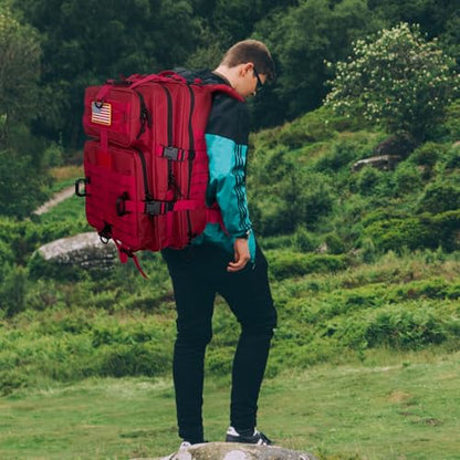 Hannibal Tactical MOLLE Assault Backpack, Tactical Backpack Military Army Camping Rucksack, 3-Day Pack Trip w/USA Flag Patch, D-Rings, Red - color: Red