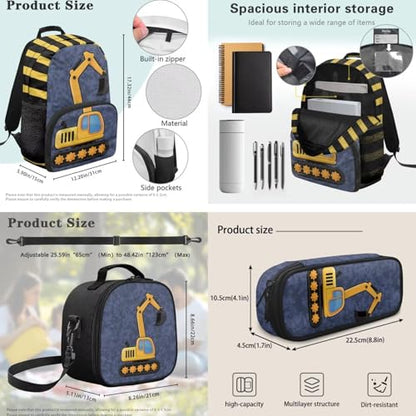 3pcs Kids Boys Backpack Sets with Reusable Insulated Lunch Box Big Capacity Pen Case Set,Excavator Daypack for Elementary Primary,Back to School Supplies - color: Excavator -2