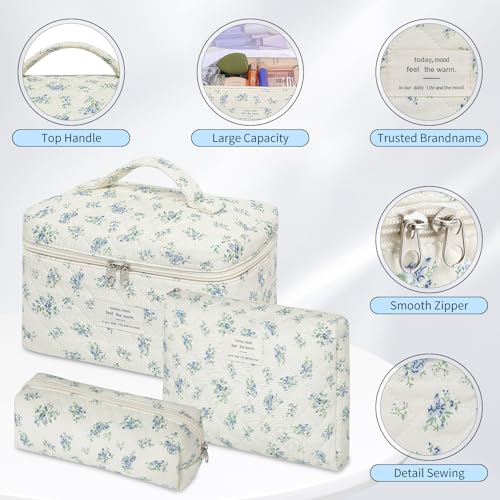 senbowe Floral Makeup Bag, 3 Pack Large Cotton Quilted Makeup Bag Set, Cute Floral Coquette Aesthetic Toiletry Bag Make Up Cosmetic Bag for Women, Toiletry Travel Make Up Organizer Bag - color: Blue-Green Flower