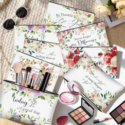 30 Pcs Inspirational Makeup Bag Bulk for Women Flower Motivational Canvas Zipper Makeup Bags Reusable Cosmetic Pouch for Spring Mother Day Appreciation Gifts - style: Inspirational