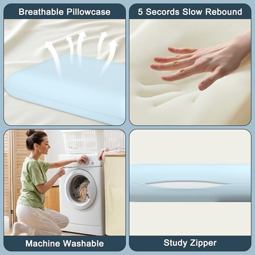 Blue Memory Foam Pillows Set of 2, Bed Pillows with Cooling Removable Cover, Neck Support for Back Stomach Side Sleepers, 2 Pack