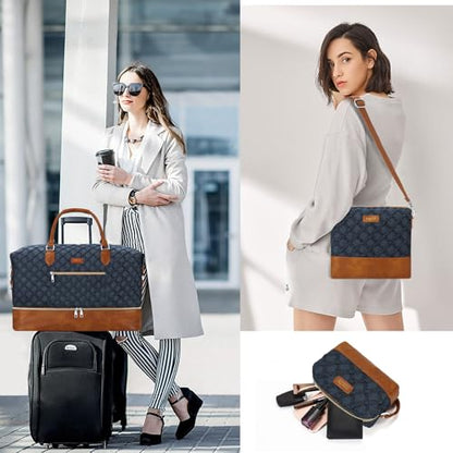 ITIEZY Weekender Overnight Bag for Women - Large Travel Duffel Bag with Shoe Compartment, Gym Duffel Bag Hospital Bag Carry On Tote Bags for Airplanes with Crossbody Bag Toiletry Bag 3Pcs Set - color: 8a-Dark blue