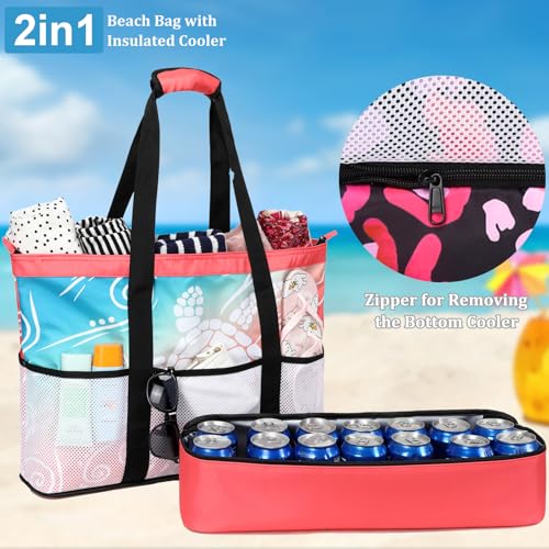 JIANYA Beach Bag Women Waterproof Sandproof Beach Tote Bags with Cooler Top Zipper Large Totes for Pool Travel Daily - color: White Sea Turtle
