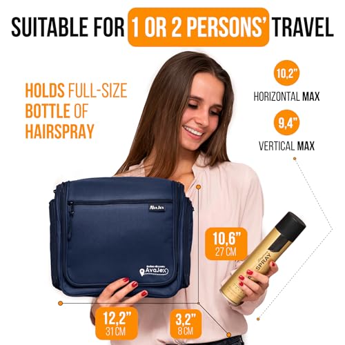 Travel Toiletry Bag for Men and Women - (10.6”x10.6”x3.2”) Large Hanging Toiletry Organizer - Waterproof Hygiene Bag with Metal XXL Swivel Hook, with Sturdy Zippers and 19 Compartments for Toiletries - color: L Navy Blue