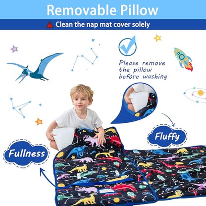 Lasoftan Toddler Nap Mat with Pillow and Blanket, Extra Large Rolled Napping Mats,Slumber Bags for Boys Girls,Kids Sleeping Bag for Daycare, Preschool Travel Camping - color: Space Dinosaur