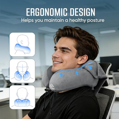 SkytraxComf® Travel Neck Pillow with Hood for Privacy on Long Flights | Memory Foam | Airplane Sleep | Safety-Tested Materials | Extra Large Hood | Chin Support | Earplugs | Washable Cover - color: Light Grey