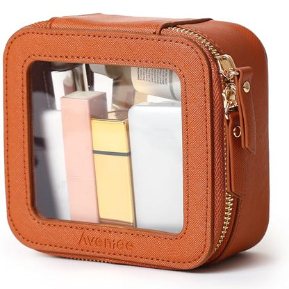 Aveniee Mini Clear Makeup Bag, Small Cosmetic Bags Travel Toiletry Pouch Organizer, TSA Approved Make up Case with Zipper, Car Bag for Essentials,Brown - color: Brown, style: Mini Chic