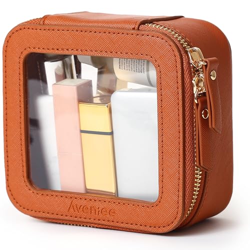 Aveniee Mini Clear Makeup Bag, Small Cosmetic Bags Travel Toiletry Pouch Organizer, TSA Approved Make up Case with Zipper, Car Bag for Essentials,Brown - color: Brown, style: Mini Chic