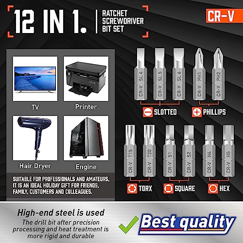 Amartisan 12-in-1 Multi Bit Screwdriver, Ratchet Screwdriver, 60-Degree Adjust Precision Screw Driver, Slotted/Philips/Torx/Square/Hex - color: Orange, size: 12-in-1 Multi-bit Screwdriver Set