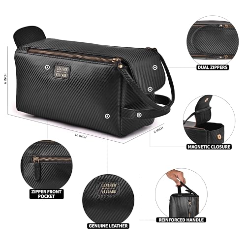 LEATHER VILLAGE Genuine Carbon Fiber Genuine Leather Travel Toiletry Bag - Large Dopp Kit, Water-Resistance Bathroom & Shaving Organizer for Men & Women - Black - color: Carbon Black