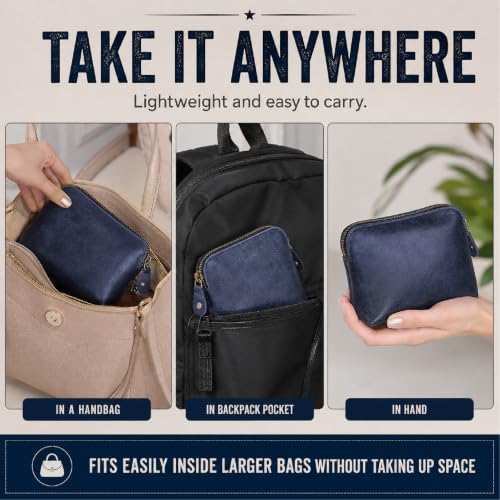 Full Grain Leather Cosmetic Bag – Zippered Makeup Pouch for Women, Small Travel Toiletry & Organizer Pouch for Purse, Premium Handmade Leather (5 × 4 × 2.5 in) - color: Blue