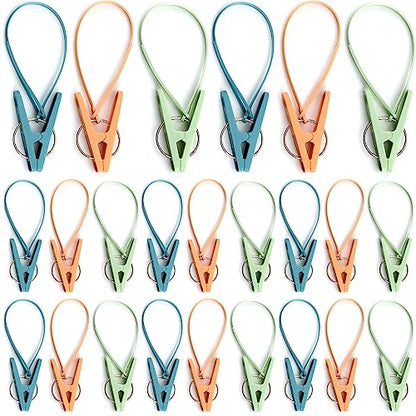 24 Pack Clothes Pins Clothes Peg Clip Pins with Plastic Rope for Clothesline Multicolor Drying Clothing Clips Hooks Windproof Clothes Hanger for Hanging Socks Hats Pants Bras Underwears Towel Photo