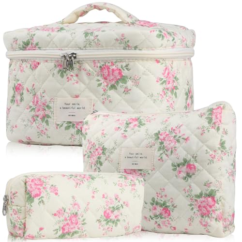 NATINSA Cute Makeup Bag for Women(2 Pcs), Travel Cosmetic Bags, Quilted Coquette Aesthetic Floral Toiletry Organizer Bag (21 - Pink Flower) - color: 21 - Pink Flower