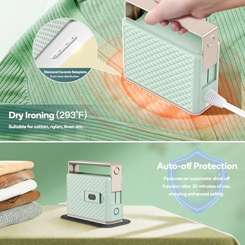 Newbealer 100-240V Travel Steam Iron, 2in1 Handheld Steamer, 120ml (Green) | Compact for Global Trips & Vacations, Non-Stick Ceramic Soleplate, Heats in 20s, 360° Steaming Anti-Spill, Auto-Off, 1.5 lbs - color: Green