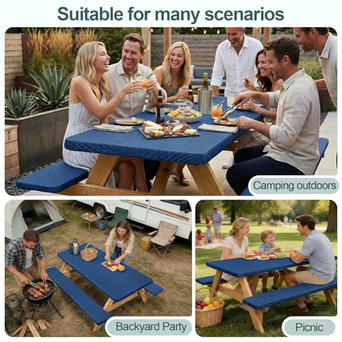 Play Tailor Picnic Table Cover with Bench Covers Camping Essentials Waterproof Windproof Camping Tablecloth with Drawstring Bag, Fitted Rectangle Tables and Seats, 72in, Deep Blue - color: Deep Blue, size: 72in