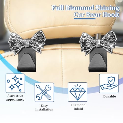 2PCS Bling Bow Car Seat Headrest Hook, Lovely Crystal Rhinestone Back Seat Storage Organizer for Handbag Purse Coat, Girly Sparkling Diamond Backseat Bag Hanger Holder, Universal Fit (Black) - color: Black