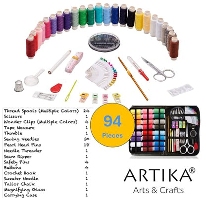 ARTIKA Sewing Kit for Adults and Kids (94 PCS) - Small Beginner Set w/Multicolor Thread, Needles, Scissors, Thimble & Clips - Emergency Repair and Travel Kits - Sewing Accessories and Supplies - style: Sewing kit 94 PCS