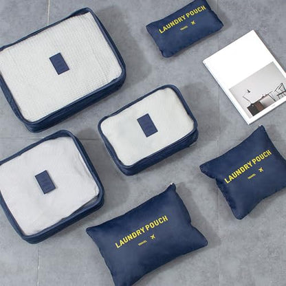 6 Set Packing Cubes for Travel Luggage Packing Bags Reusable Waterproof Suitcase Organizer Bags Set with Shoe Bag and Toiletry Bag (Navy Blue) - color: Navy Blue