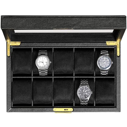 ROTHWELL 10 Slot Leather Watch Box - Luxury Case Display Jewelry Organizer - Locking Watch Display Case Holder with Large Glass Top - Box Organizer for Men and Women (Black/Black) - color: Black / Black