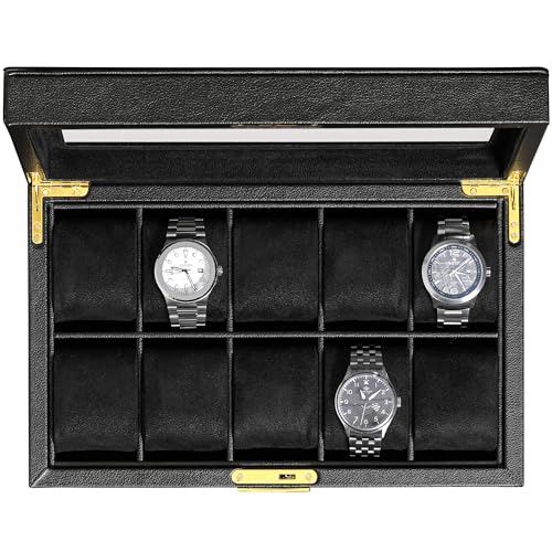 ROTHWELL 10 Slot Leather Watch Box - Luxury Case Display Jewelry Organizer - Locking Watch Display Case Holder with Large Glass Top - Box Organizer for Men and Women (Black/Black) - color: Black / Black