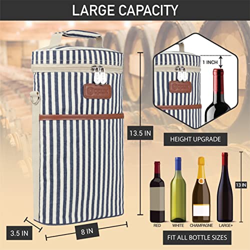 opux 2 Bottle Wine Carrier Tote, Insulated Leakproof Wine Cooler Bag, Wine Travel Bag for Picnic BYOB Beach, Portable Wine Bottle Carrying Case, Gift for Wine Lover Women Men Christmas,Stripe - color: Navy Stripes