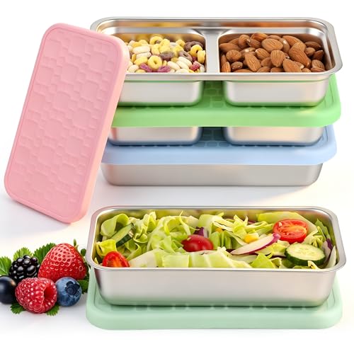 4 Pack Stainless Steel Snack Containers Set, Mixed Single & 2 Compartment Bento Boxes with Silicone Lids, Leakproof Food Storage for Meal Prep, Lunch, Travel, Picnic, Camping, Kitchen Organization - color: 1 & 2 Compartments – A