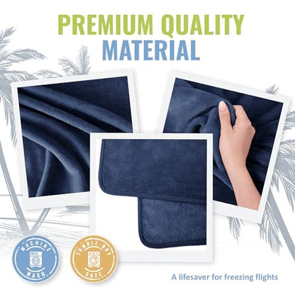 BOACAY Soft & Warm Travel Blanket for Airplane & Car - Long Flight Essential for Women, Men, Kids - Compact Pillow with Luggage Sleeve & Backpack Clip - color: Navy Blue