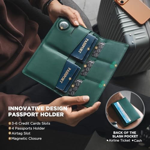 VULKIT Family Passport Holder for 4 Leather Passport Wallet with Airtag Slot Multiple Passport Holder RFID Blocking Bifold Travel Documents Organizer - color: Green