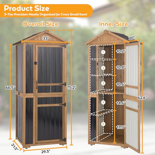 Outdoor Storage Cabinet with Lockable Doors, Wood & Metal Garden Shed, Weatherproof Patio Storage with Adjustable Shelf for Tools, Patio & Backyard Organizer - size: Deep 29.5" Lx 21.5"Wx 75.2"H