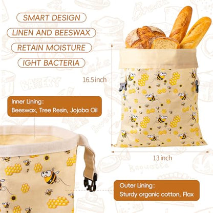 2 Pack Beeswax Bread Bags for Homemade Bread, Bees Wax Bread Bags Storage for Homemade Sourdough with Removable Beeswax Lining, XL 17'' x 13'', Freezer Friendly, Keeps Fresh - color: Removable