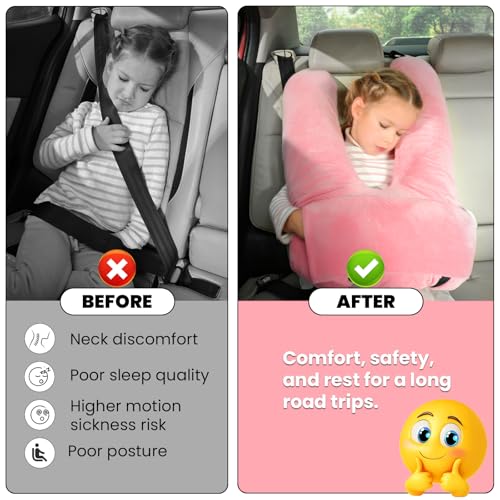 Travel Pillow, Car Pillow for Kids & Adults, Kid Travel Sleeping Pillows for Neck & Body Support, Car Travel Essentials Pillow on Road Trips, Pink - color: Pink
