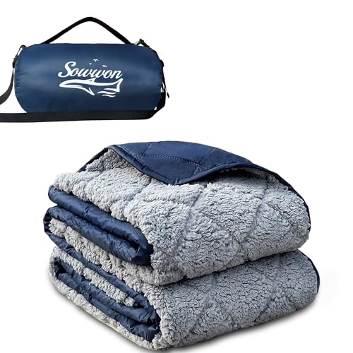 Waterproof Outdoor Blanket 62”X 51” Packable, Stadium Blankets for Camping with Sherpa Fleece Lining, Large Windproof Emergency Mat for Garss Picnic Hiking Road Trip, Machine Washable, Navy 300GSM - color: Sherpa Navy-300 Gsm, size: 62"x 51"