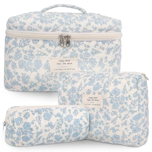 GISMTR 3Pcs Cotton Quilted Makeup Bag Large Travel Cosmetic Bag Coquette Makeup Pouch Cute Aesthetic Floral Toiletry Bag for Women Girls - color: flower-B