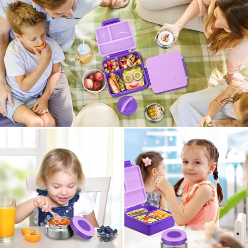 Bento Lunch Box Set for Kids with 8oz Soup Thermo, Leak-Proof Lunch Containers with 4 Compartment, Kids Thermo Hot Food Jar and Insulated Lunch Bag for Kid to School-Purple - color: Purple