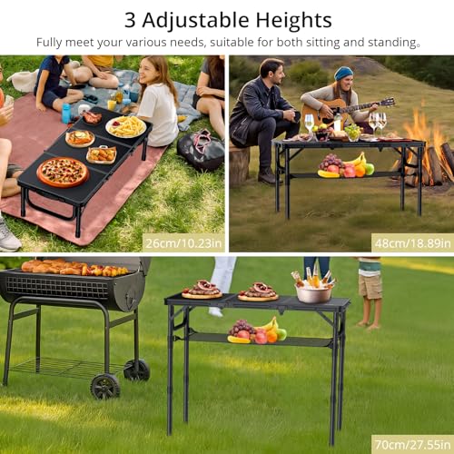 Anbte Folding Camping Table with Storage Net, 3ft Camping Table Aluminum Folding Table with 3 Adjustable Height Max 27.5 Inch Picnic Table Portable Table for Outdoor Backyard BBQ, Pure Black - color: Pure Black