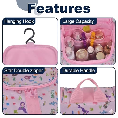 Remobia Hicol Cute Cartoon Hanging Kids Toiletry Bag Children Travel Cosmetic Makeup Organizer Wash Bag Shower bag Over Night Bag Camping Shaving Kit Bag for Boys & Girls (Mermaid Pink) - color: Mermaid Pink