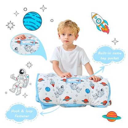 Lasoftan Toddler Nap Mat with Pillow and Blanket, Extra Large Rolled Napping Mats,Slumber Bags for Boys Girls,Kids Sleeping Bag for Daycare, Preschool Travel Camping - color: Astronaut