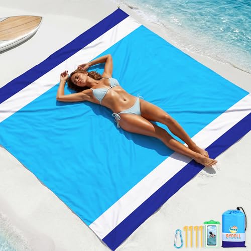 BYDOLL Beach Blanket Waterproof Sandproof Large, Oversized 78''X81''/10'X9' Lightweight Waterproof Outdoor Beach Mat for Travel Camping Vacation Sand Free Essentials Blanket - color: White Blue, size: 78''X81"