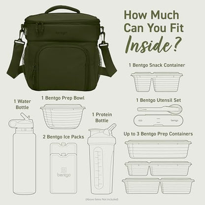 Bentgo Prep Deluxe Insulated Multimeal Bag - Lunch Box Bag, Holds 5 Meals, Premium Insulation up to 8 Hrs, Durable, Water-Resistant - Large Capacity For Adult Meal Prep (Olive Green) - color: Dark Green