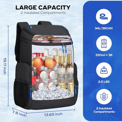 Maelstrom Backpack Cooler,36 Can Cooler Backpack,Soft Cooler Bag Insulated Leakproof,Lightweight Ice Chest Backpack,Travel Cooler Lunch Backpack for Camping,Hiking,Beach - color: Black