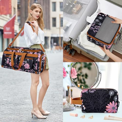 Convertible Garment Duffel Bags for Travel - Carry on Garment Duffle with Toiletry Bag Storage Bag Large Travel Duffel Bag 2 in 1 Hanging Suit Bag Weekender Bag for Men Women 3pcs Set - color: A03-black flower