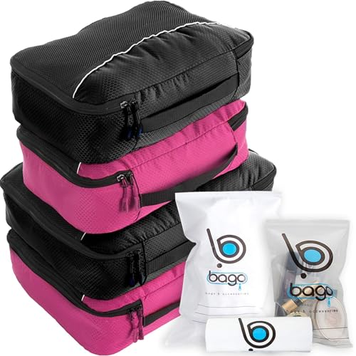 bago 7 Pcs Packing Cubes for Travel - 4 Travel Packing Cubes for Suitcases with 3 ZipLock Bags - Luggage Organizer Bags to Get Maximum Storage, Save Time & Effort to Pack (Black Pink) - color: Black+2Pink, size: 4pcs Set