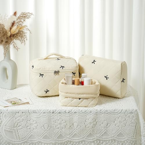 3pcs Large Cotton Quilted Makeup Bag Set,Coquette Aesthetic Cute Travel Toiletry Bag,Drawstring Gift Bag for Women and Girls(3Pcs Beige Bow) - color: 3Pcs Beige Bow
