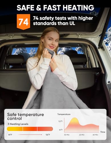 12V/24V Heated Car Blanket, Electric Blanket Flannel Heating Throw for Car, SUV, RV, Camping, 60" x 44", Hi/M/Lo Heating Settings, Auto-Off Timer,Grey - color: Grey