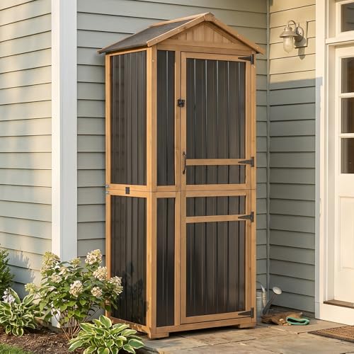 Outdoor Storage Cabinet with Lockable Doors, Wood & Metal Garden Shed, Weatherproof Patio Storage with Adjustable Shelf for Tools, Patio & Backyard Organizer - size: Deep 29.5" Lx 21.5"Wx 75.2"H