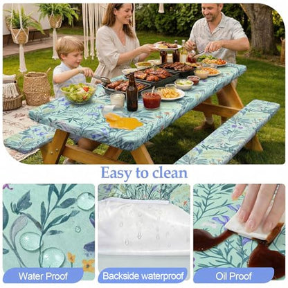 Picnic Table Cover with Bench Covers Camping Essentials Waterproof Windproof Camping Tablecloth with Drawstring Bag, Fitted Rectangle Tables and Seats, 96in, Gray Blue - color: Gray Blue, size: 96in