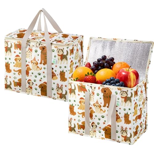 VENO 2 Pack Insulated Cooler Bag for Food Delivery, Reusable Grocery Shopping Bag, Heavy Duty, Large Size, Durable Handles, Double Zippers, Lid, Collapsible (Holiday Pups, 2 Pack) - color: Holiday Pups, size: 2 Pack